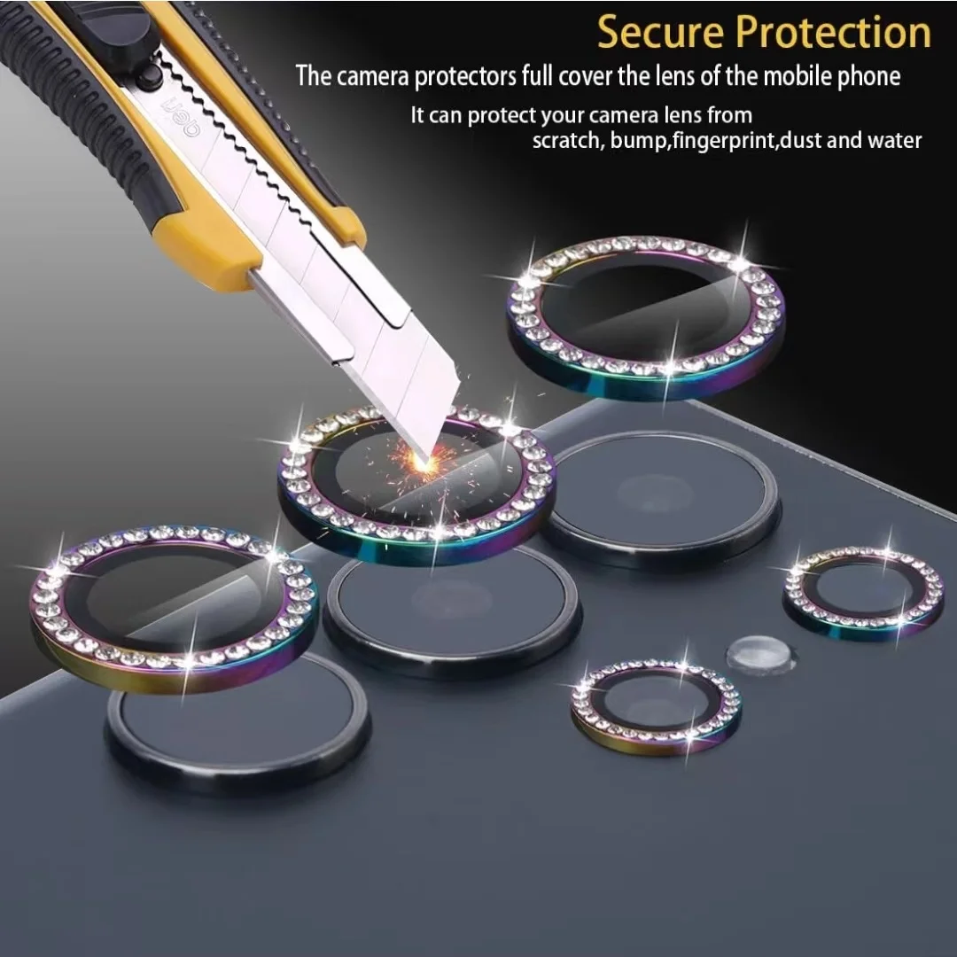 Diamante para Samsung Galaxy S24 S25 Ultra Protector de pantalla 9H Protector de lente de cámara de vidrio templado cubierta de anillo de aleación