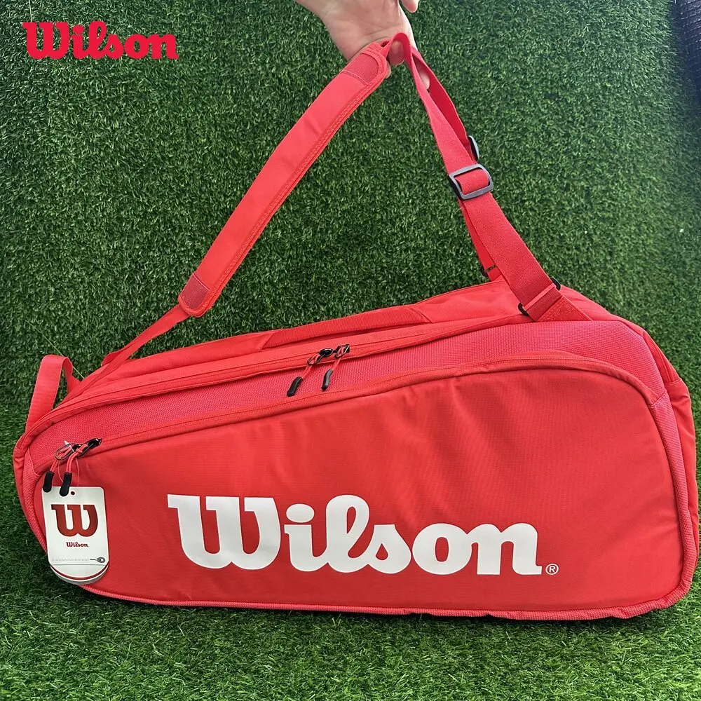 Wilson 2023 Super Tour Pro Staff 6 Pack Fine-knit Coating Tennis Bag 3-Decks Racket Backpack Racquet Bag with Thermoguard Red