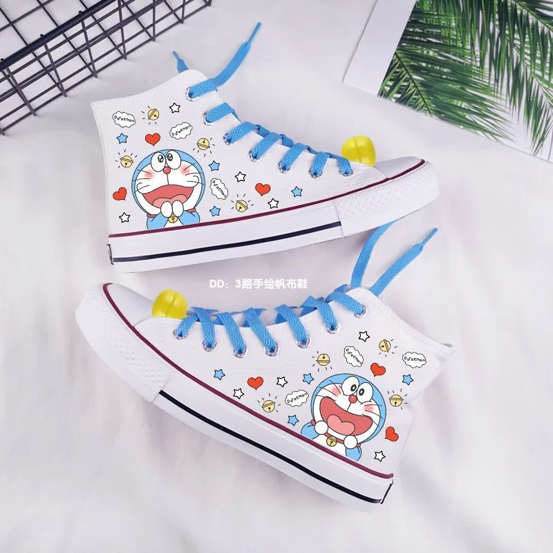 Doraemon Hello Kitty high top canvas shoes, female student collaboration graffiti, explosive cartoon hand drawn board shoes