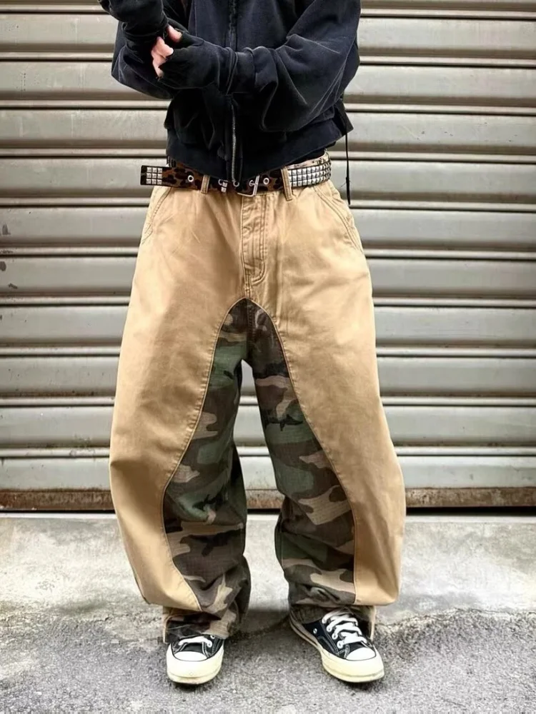 

2026 Gothic Y2K Style Khaki Camouflage Patchwork Baggy Jeans Pants For Men Clothing Wide Leg Cotton Long Trousers Pantaloni Uomo