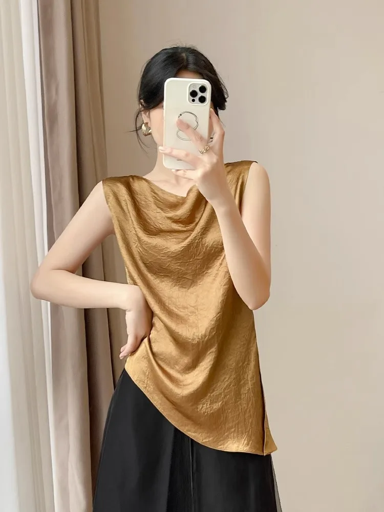 

Асимметричная женская шелковая футболка Svel, летняя тонкая футболка обычной длины, одно плечо, белый ацетатный жилет из натурального шелка