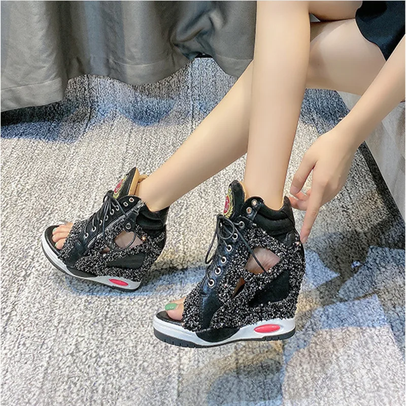 Women\'s Wedge Shoes Sneakers Platform Fashion Casual Thick Sole Rubber High Leisure Lace-Up Peep Toe Increased Interna