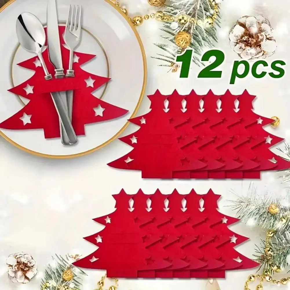 12Pcs Christmas Cutlery Set Christmas Tree Design Felt Table Mats Reusable Felt Knife Fork Cutlery Bag Holiday Home Decoration