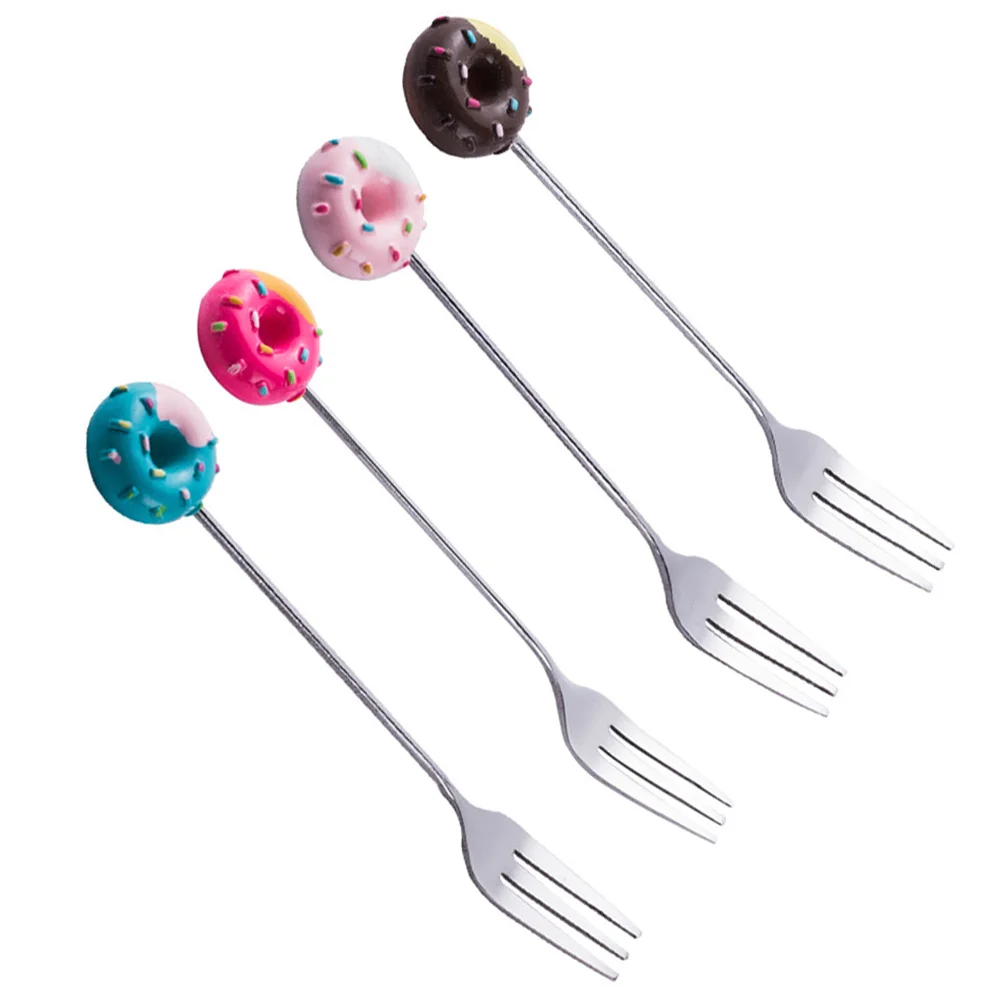 

4Pcs Stainless Steel Dessert Forks Cartoon Doughnut Design Pink Brown Blue Red for Cake Ice Cream Fruit Stylish Dining Tableware