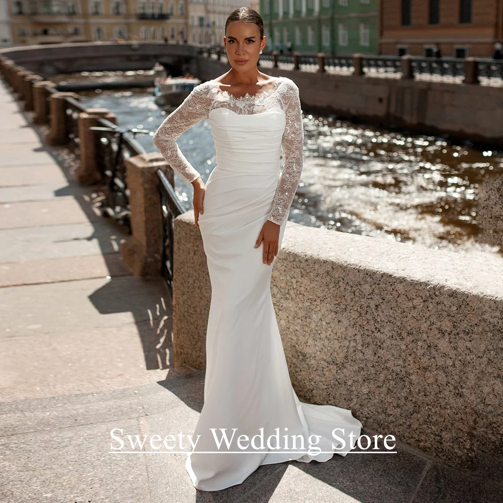 섹시한 웨딩드레스 머메이드 맞춤형 레이스 긴 소매 스쿱넥 플리츠 스윕 트레인 여성 신부 드레스 베스티도 데 노이바