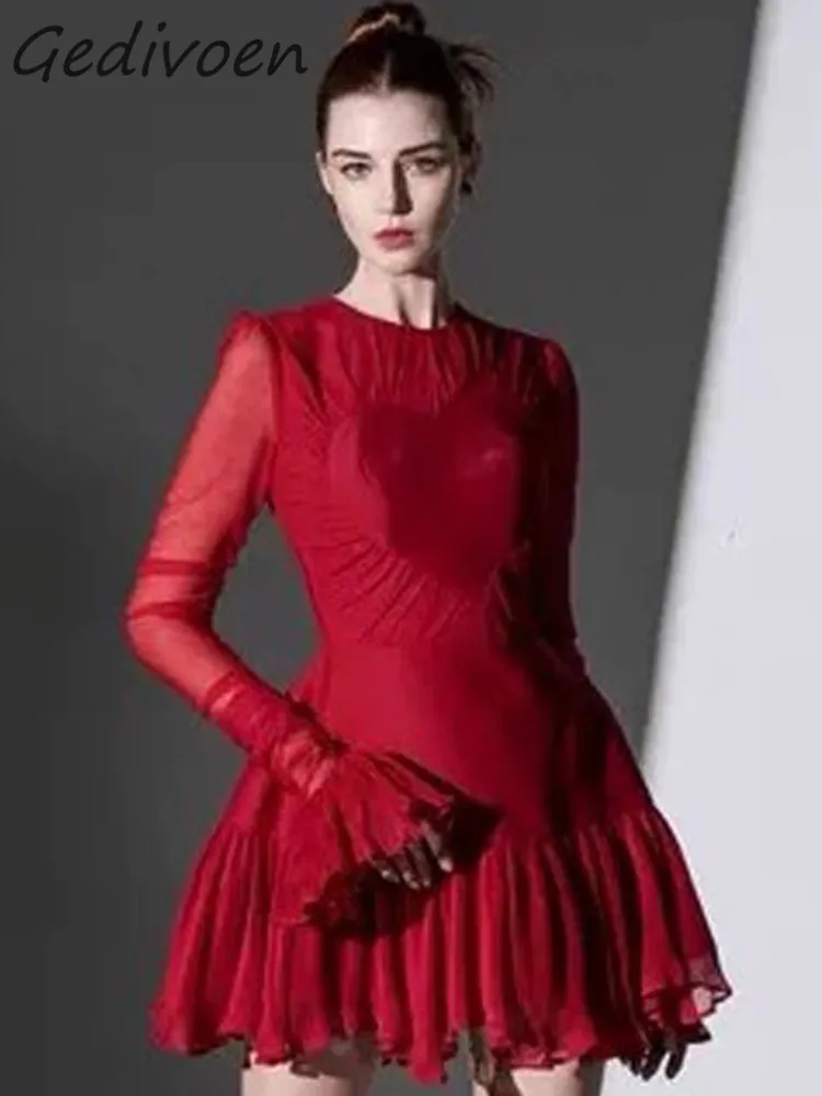 

Gedivoen Autumn Fashion Runway Red Vintage Spliced Dress Women O Neck Mesh Long Sleeve Ruffle High Waist Slim Mini Pleated Dress