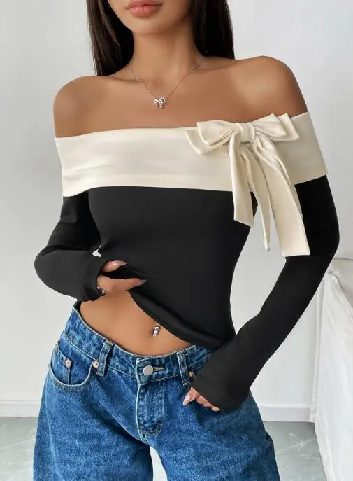 

Fashionable Short Jacket Long Sleeved Off Shoulder Single Collar Bow T-Shirt Contrasting Color One Cut Off Shoulder Top