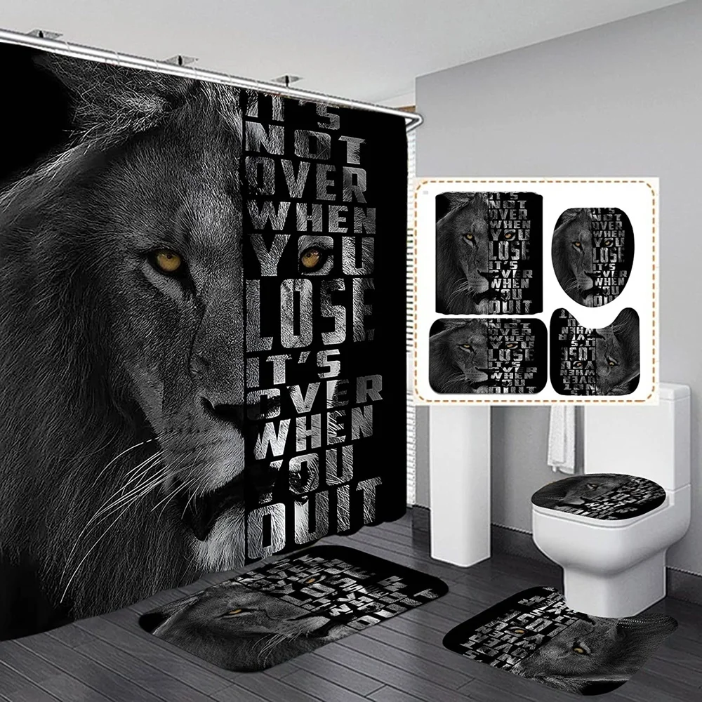 Black Wild Animal Non-Slip Shower Curtain Motivational Quote Bathroom Curtain Bath Mat Toilet Cover Decor Lion King Toilet Cover