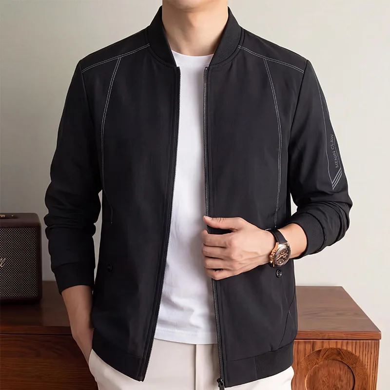 Men Stand Collar Zip Up Bomber Jacket Contrast Stitching Long Sleeve Casual Outerwear Coat