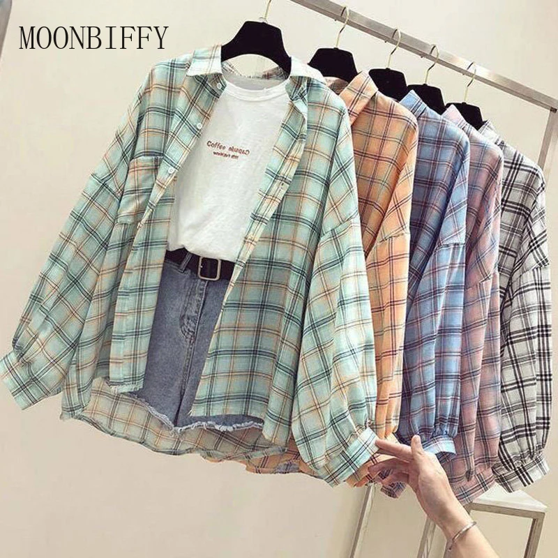 Vintage Plaid Shirts Women Autumn Long Sleeve Oversize Button Up Shirt Korean Fashion Casual Fall Outwear Tops Blusas Mujer 2024