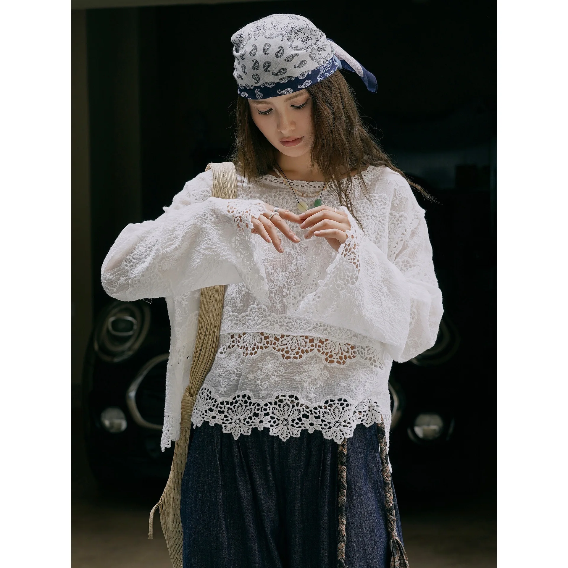 

Summer Lace Cotton Washed T-shirt Hollow Women's Top
