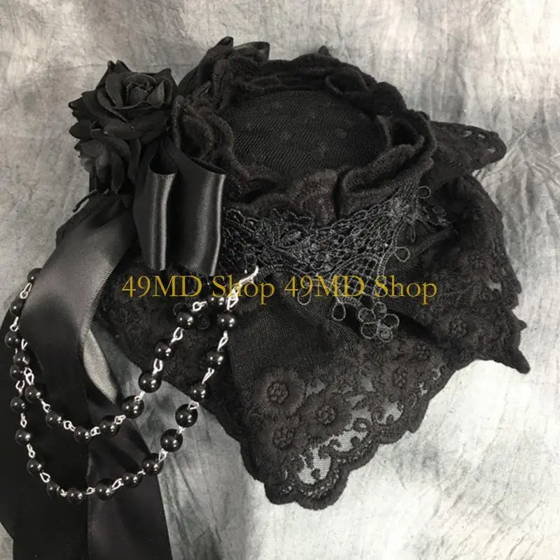 

49MD Готический цилиндр Головной убор Винтажный цилиндр из бисера Кружевные банты Головной убор в виде сладкого цветка