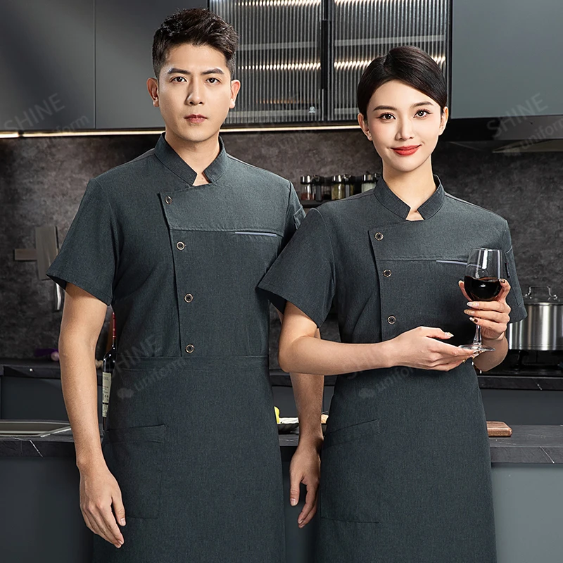 

Men Chef Jacket black uniform short sleeve Chef coat apron work clothes logo Chef shorts Summer Breathable Restaurant Kitchen