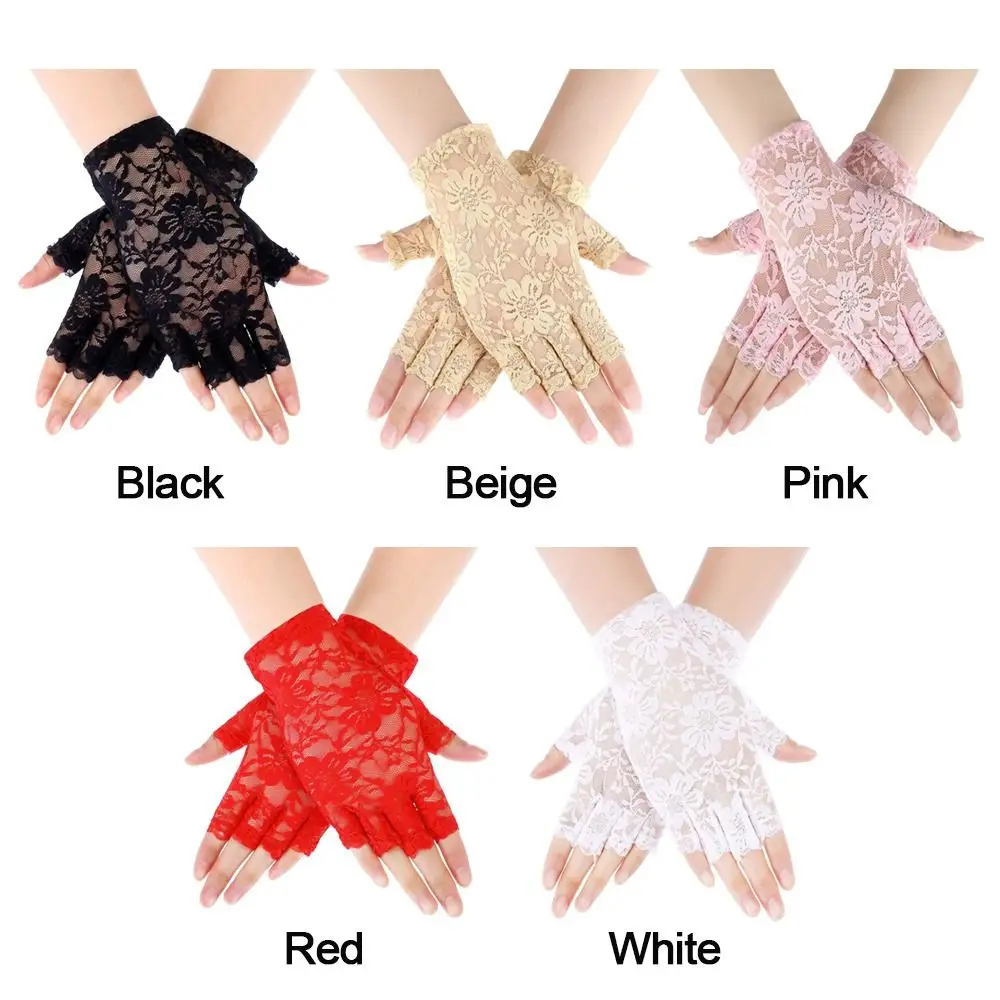 Womens Sexy Lace Driving Gloves Ladies Long Fingerless Mesh Mitten Half Finger Fishnet Gloves Dance Gloves Lace Gloves