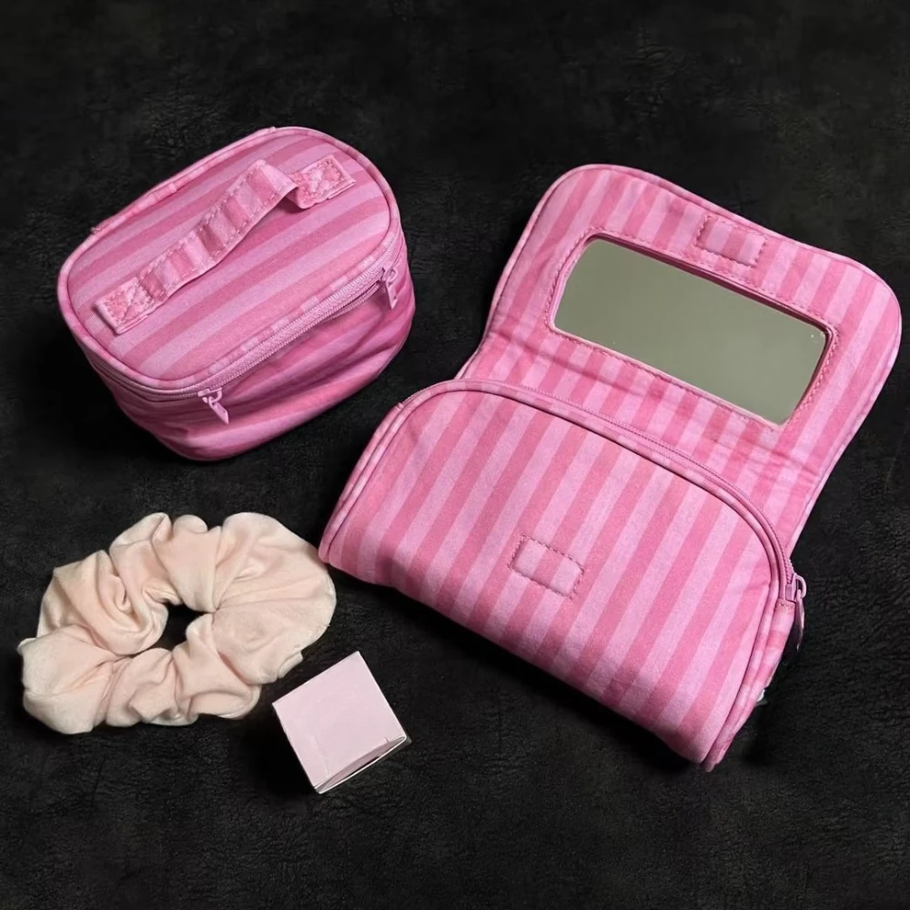 Large Capacity Portable Foldable Cosmetic Bag Women's Zipper Makeup Pouch with Mirror Travel Beauty Storage Organizer
