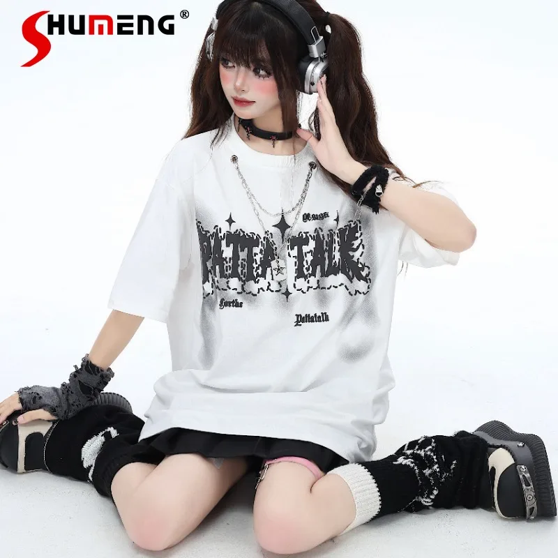 

Japanese Street Style Fashion Tees Letter Necklace Loose All-Match Round Neck Summer Short Sleeved Top T-shirts Women's Clothing