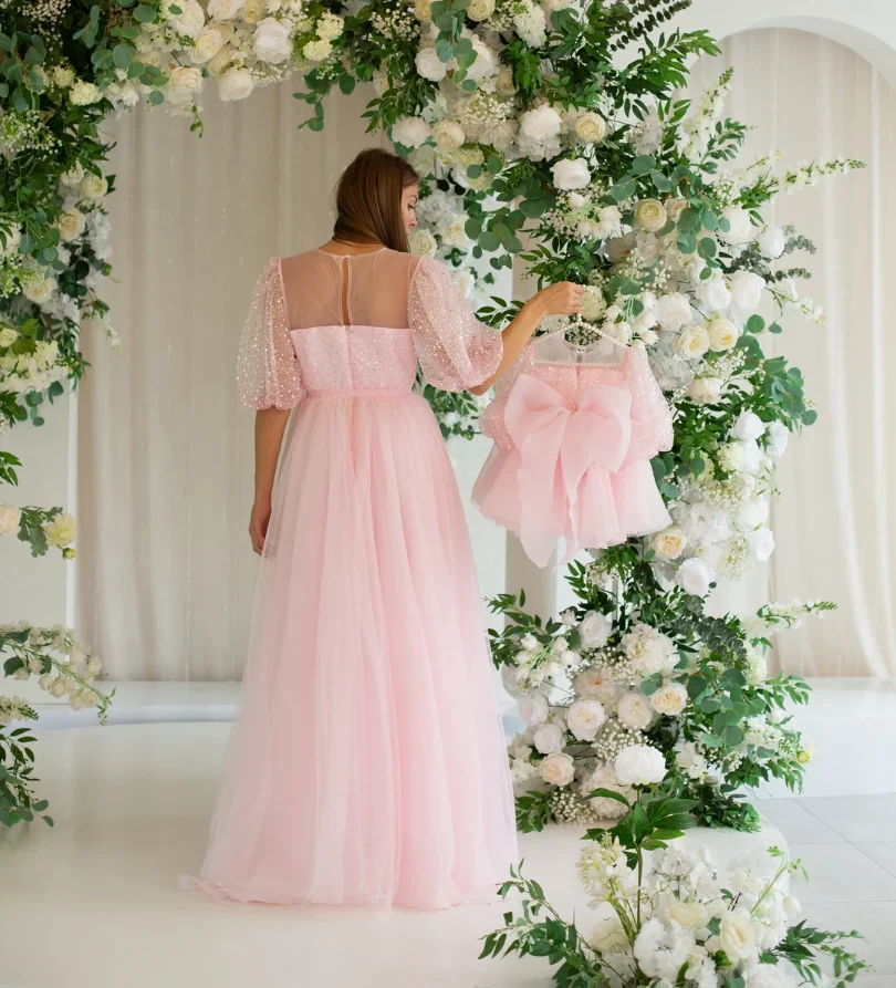 Two Pieces Pink Mother Daughter Matching Gowns Sheer Neck Girls Birthday Party Session Wedding Guest Mommy And Me Special Day