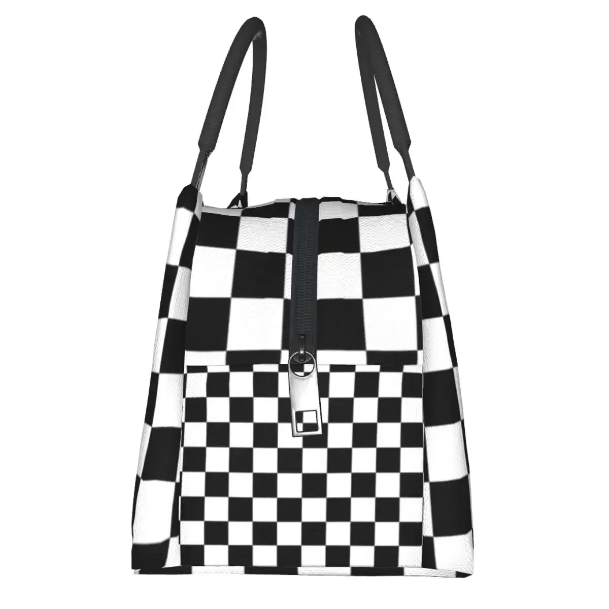 สีดํา Checkerboard ถุงอาหารกลางวันคลาสสิกสีดําและสีขาว Checker กล่องอาหารกลางวัน Office Graphic Cooler กระเป๋าตลกกันน้ํา Tote ถุงอาหาร