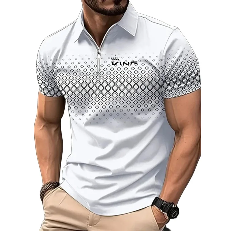 Kaus Golf berisleting pria, pakaian atasan kasual lengan pendek bercetak musim panas