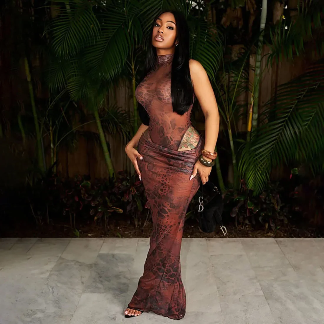 

Women Sexy Leopard Print Sheer Mesh 2 Piece Set Turtleneck Sleeveless Bodysuits Top + Ruched Bodycon Maxi Skirts Party Clubwear