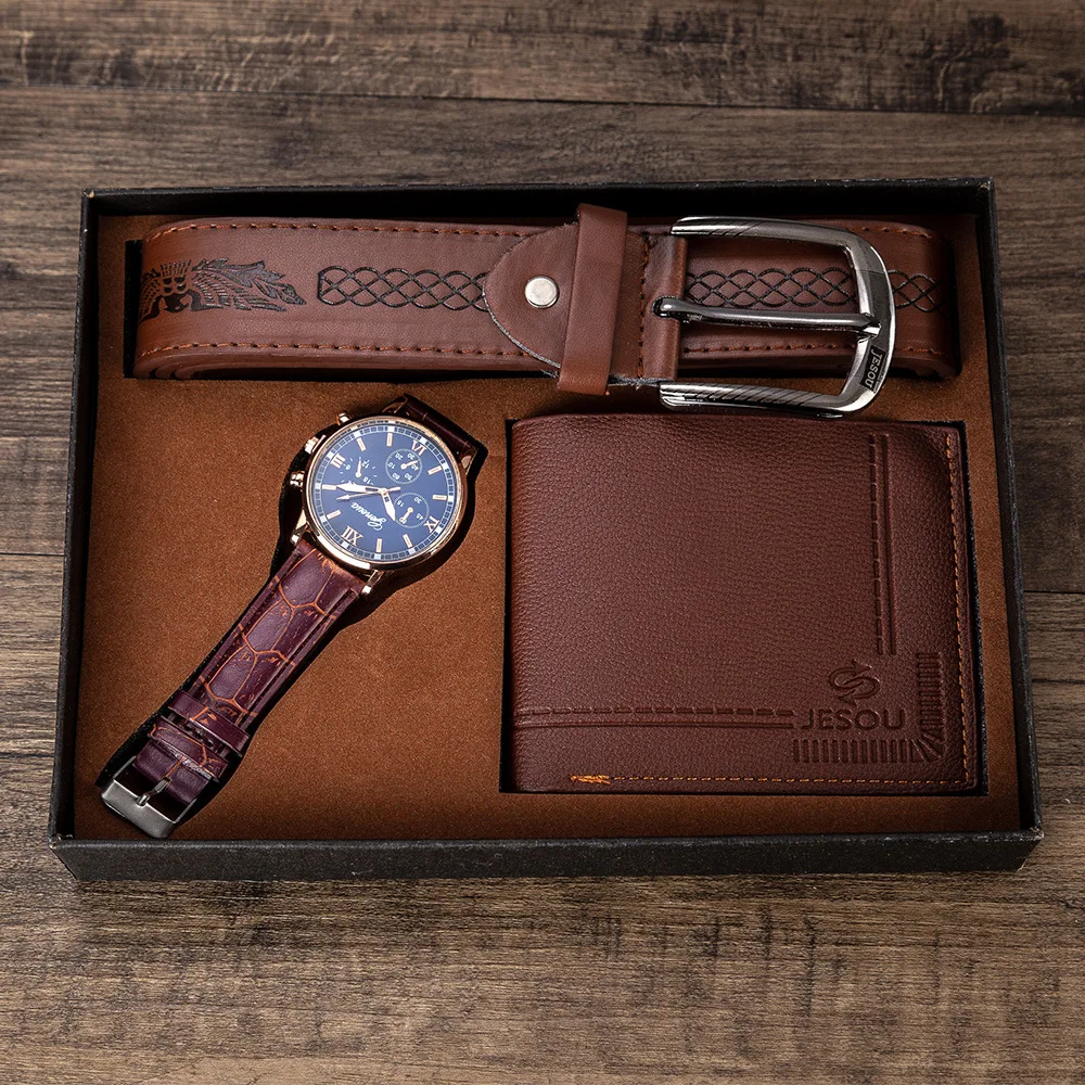 3pcs Set Men\'s Gift Set Luxury Vintage Quartz Watch Brown Leather Belt Wallet Suit Gift Set for Men Boyfriend Dad Drop Shipping