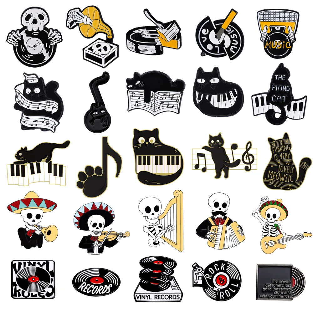 

Classic Music Metal Brooch Piano Cat Skull Phonograph Guitar Harp Accordion Violin Rock Disc Metal Badge Punk Lapel Pins Jewelry