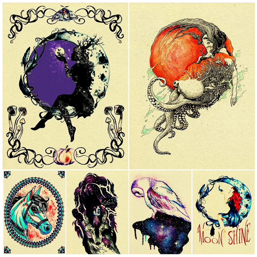 Nouveau Moon Witch,Cosmic Owl Vintage Wall Art Canvas Painting The Snake In The Witch Hand Art Poster And Print Home Decoration
