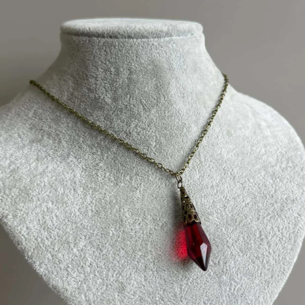 Gothic Vintage Red Prism Crystal Hollow Cap Hexagonal Column Pendulum Pendant Necklace for Women Witch Divination Jewelry Gifts