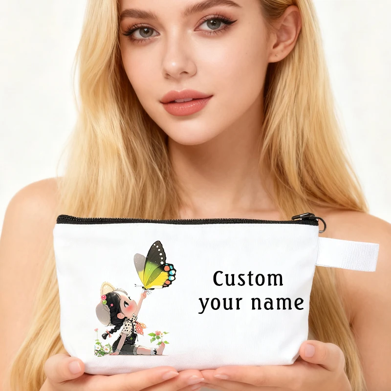 

Custom Name Makeup Bag Organizers Cosmetic Pouch Cute Girl With Butterfly Pattern Pencil Cases Travel Female Zipper Canvas Bag