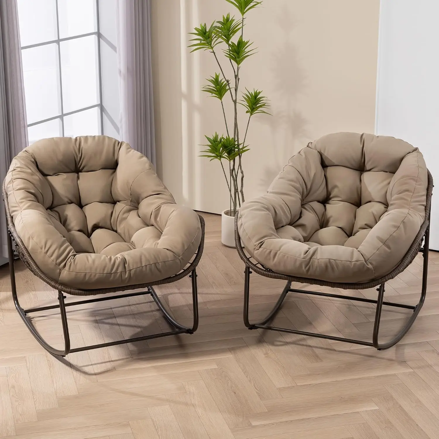 Oversized Comfy Patio Chair Set of 2 Indoor Egg Royal Double Rattan Rocking Chair with Cushion for Front Porch Lounge Lawn