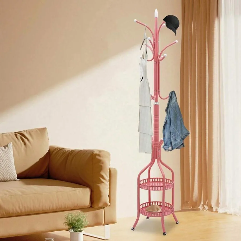 Freestanding Metal Coat Rack with 8 Hooks and 2 Shelves, Sturdy Entryway Garment Hanger Stand for Hats Bags Shoes, Compact Hall Tree Organizer for Bedroom Closet, Heavy Duty Clothes Tree with Storage Rack, 71 Inch Tall