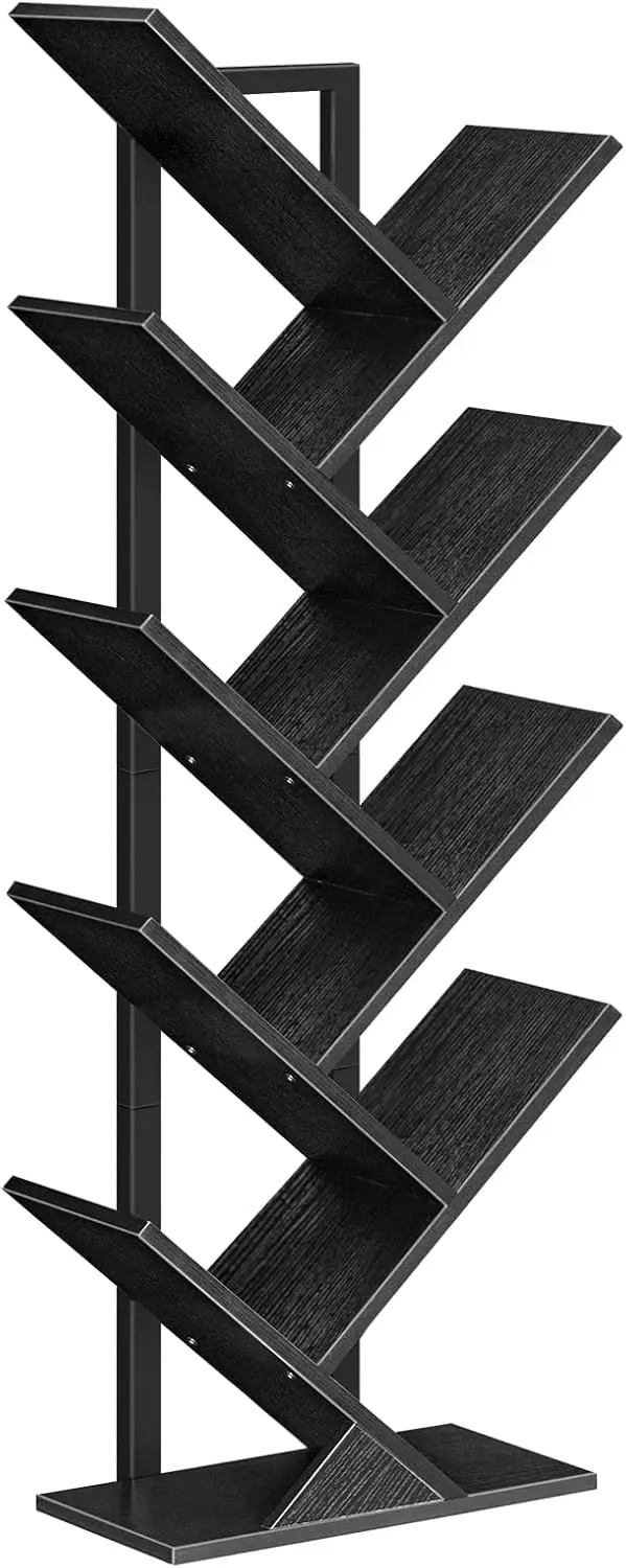 

9-Tier Tree Bookshelf, Wooden Storage Rack for Books and CDs in Living Room, Home Office, Bedroom, Black