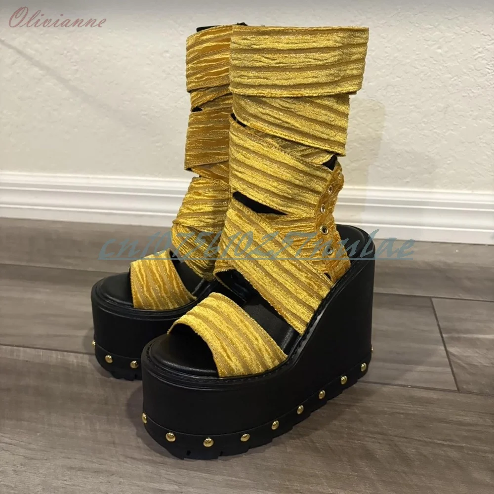 

Yellow Round Rivets Decor Mid Calf Boots Open Toe Platform Wedges High Heel Sexy 2025 Summer Women Shoes Zapatos Para Mujere