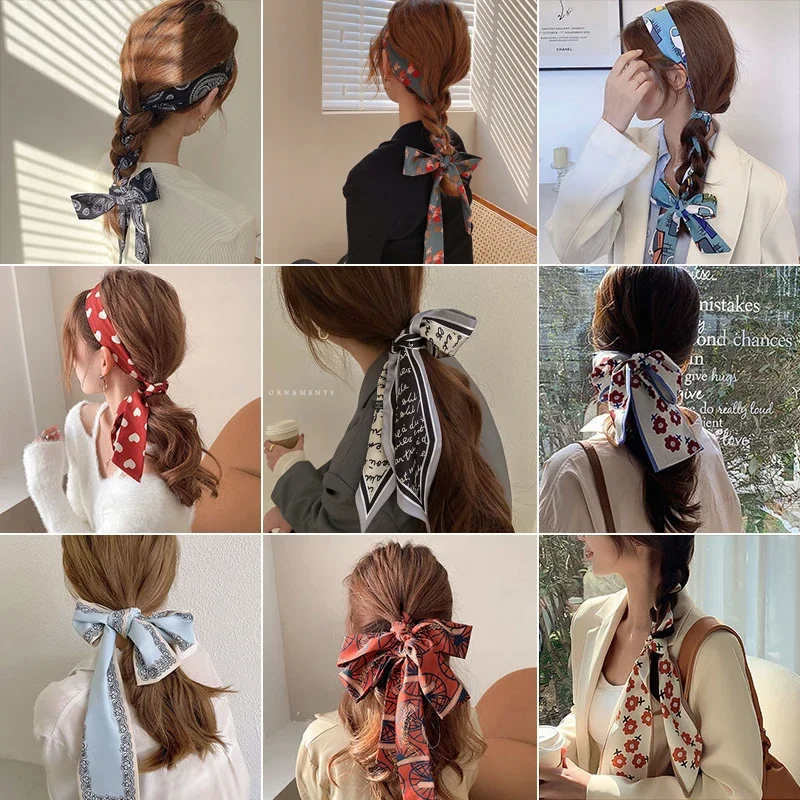 Fashion Printing Chiffon Long Ribbon Bow Hair Scarf Women's Tie Ponytail Hair Bands Silk Scarves Headwear