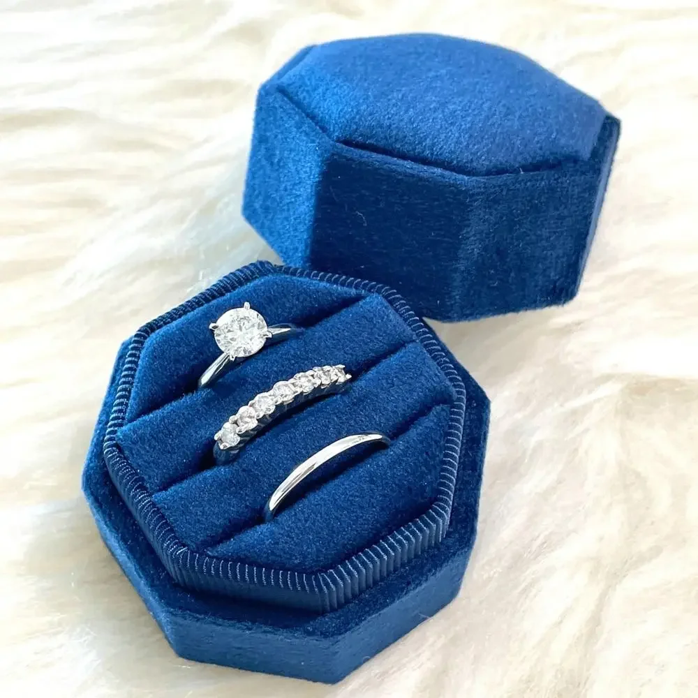 Octagonal Velvet Ring Display Box Three Slots Ring Storage Holder Ring Box With Detachable Lid For Proposal Engagement Wedding
