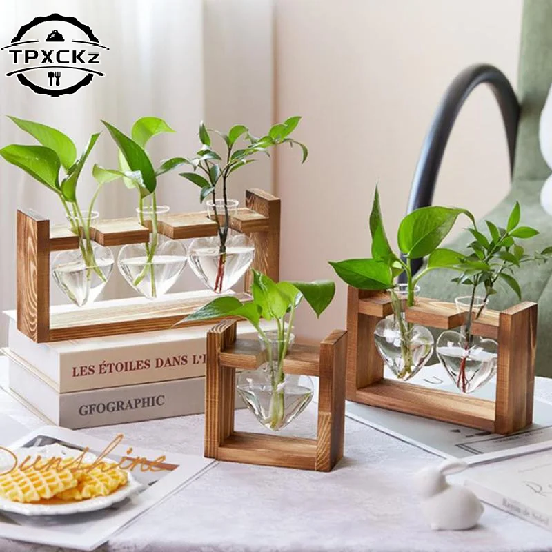 Tabletop Glass Planter Propagation Station Hydroponic Plant Vase With Wooden Tray Flower Container For Home Office Decoration