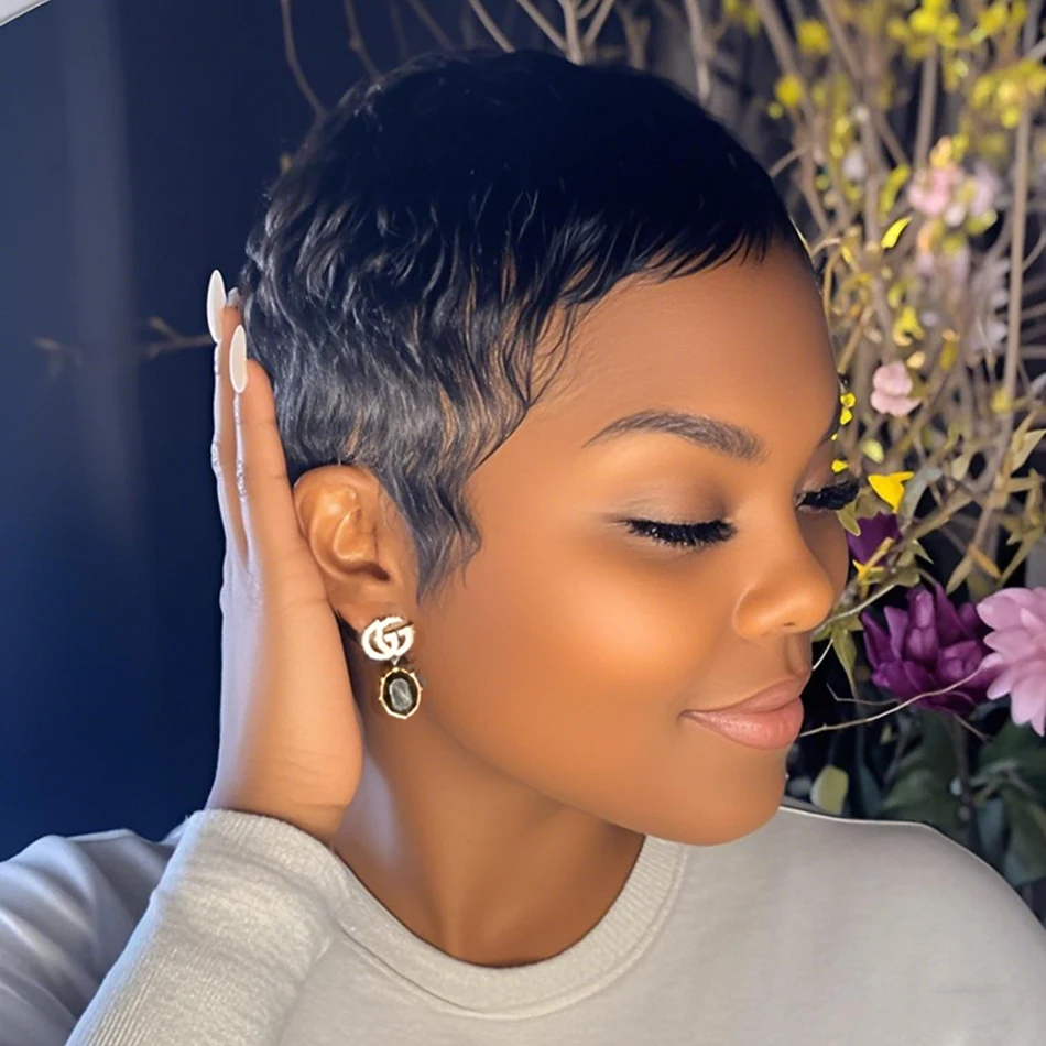 4인치 숏 픽시컷 가발 브라질산 버진 인모 기본 스타일 기계 제작 로즈 네트 캡 스트레이트 픽시 가발 인모 100%