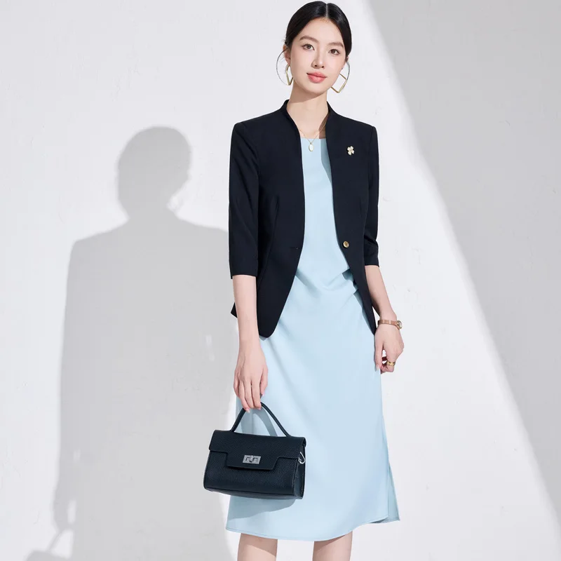 NAVIU 2025 nuevo para mujer elegante traje de desplazamiento moda de oficina Casual media manga delgada chaqueta de un solo botón y vestido Ropa de Trabajo