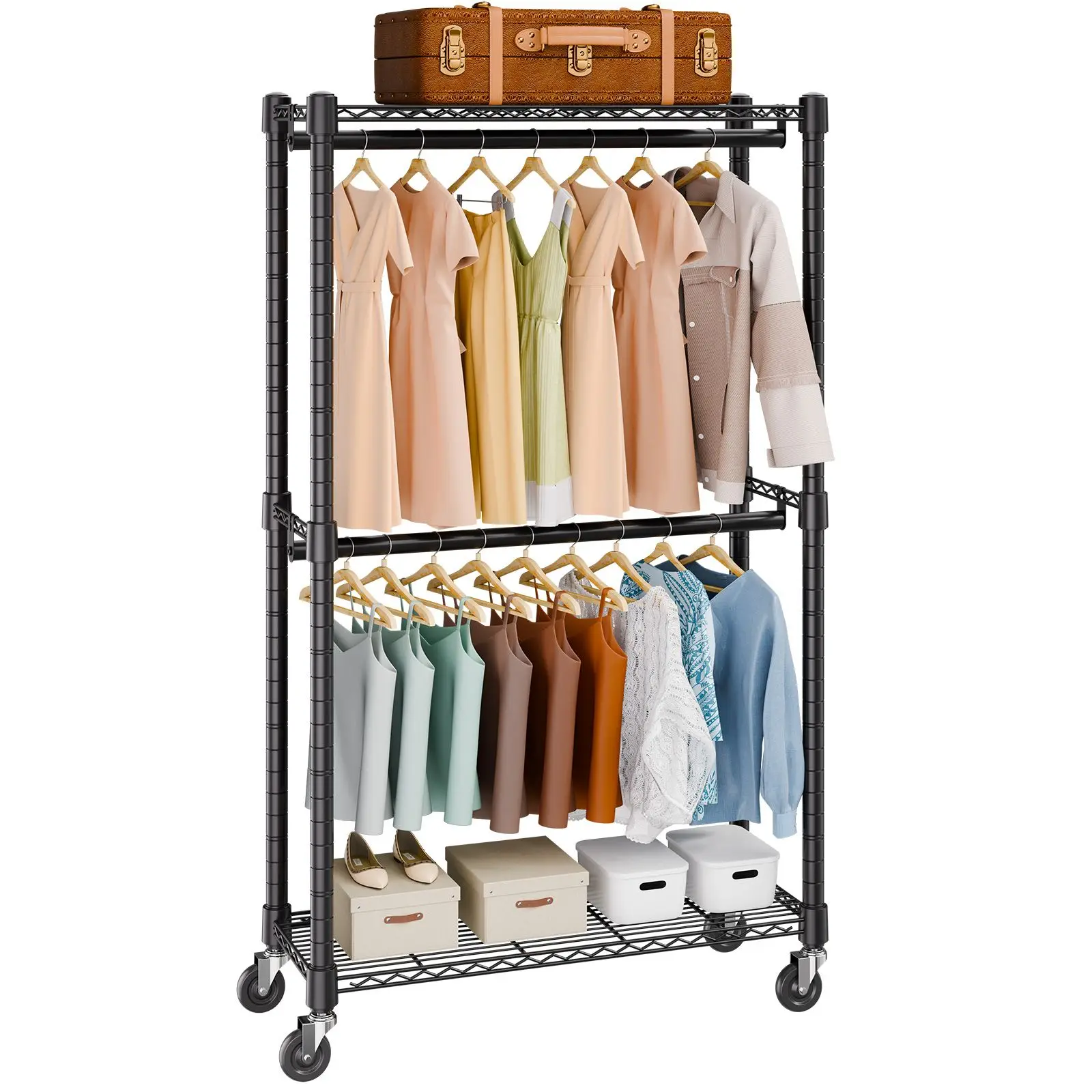 Heavy Duty Clothes Rack, Double Hanging Rods Clothing Garment Rack with Bottom and Top Storage Tier, Rolling Clothing Rack for H