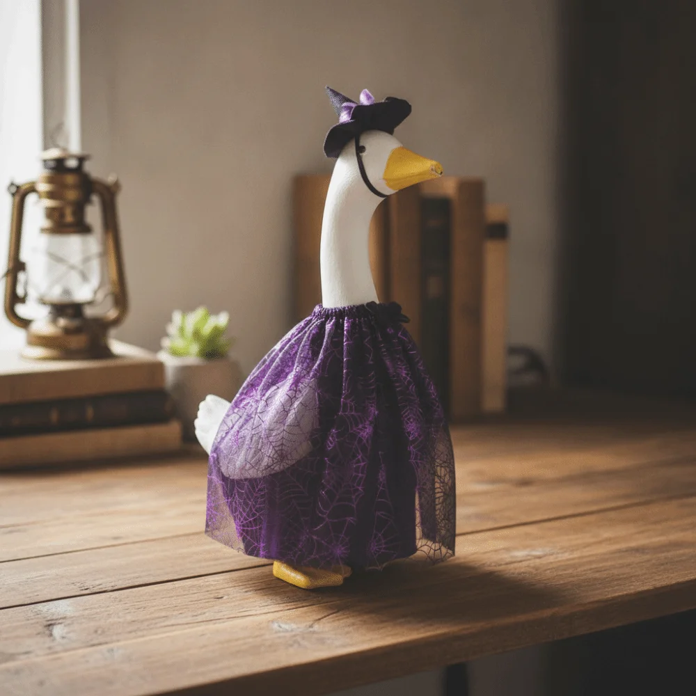 

Spider Web Pattern Porch Geese Clothes Purple Black Mesh Witch Hat Included Lawn Goose Costume Soft Tulle Fabric