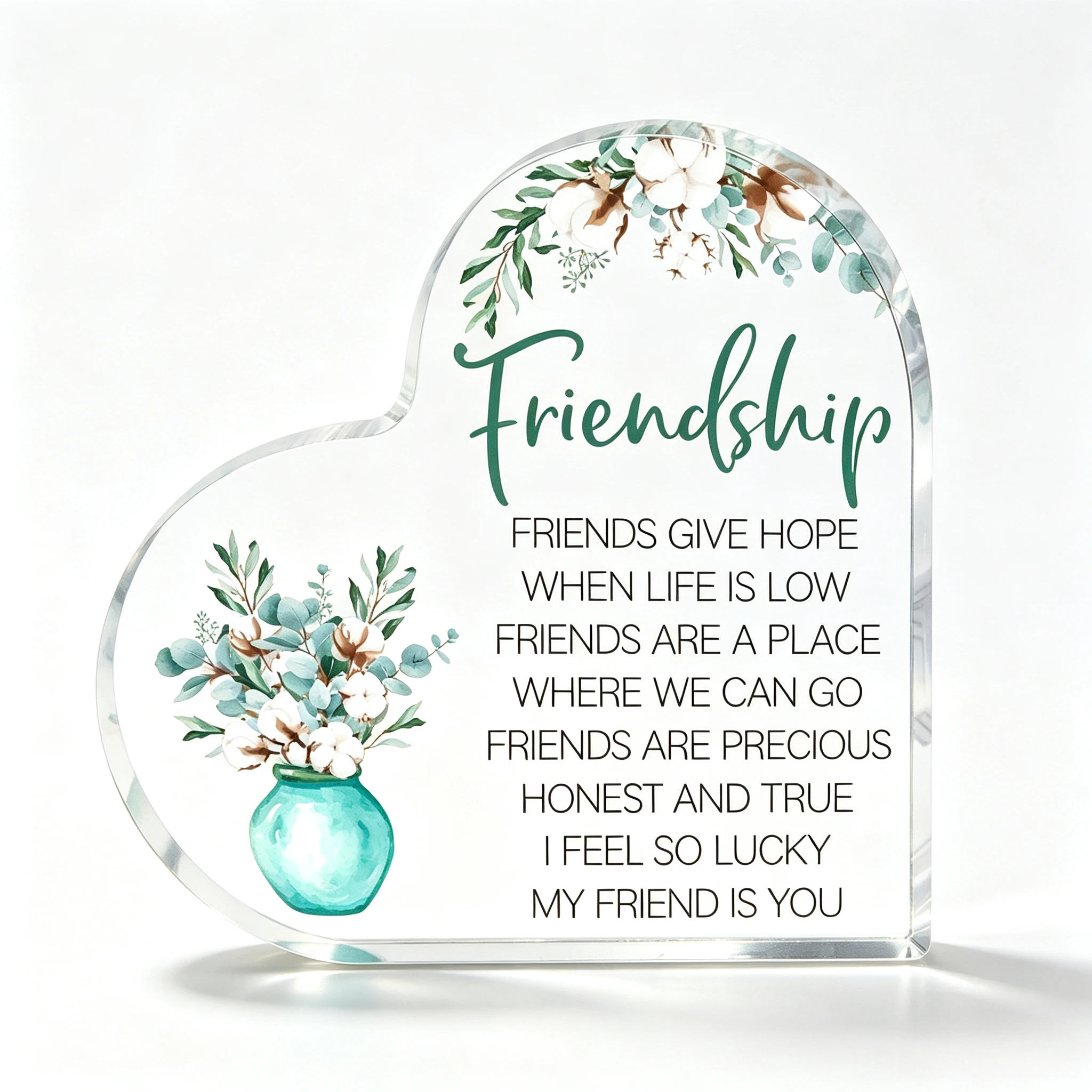Freestanding Clear Heart Acrylic Ornament Watercolor Cotton Eucalyptus Flower Vase Desktop Present Friendship Birthday Gift For Best Friend