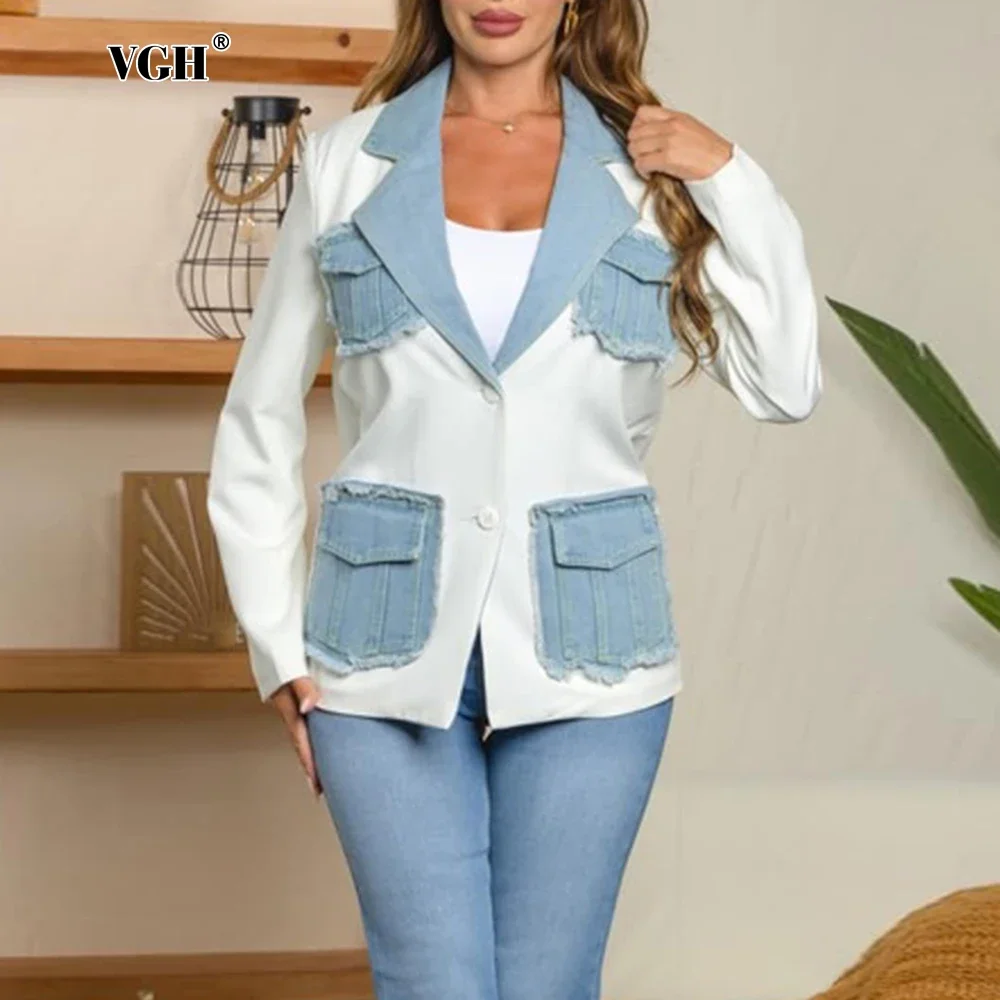 

VGH Fashion Patchwork Multi Pockets Blazers for Women Notched Collar Long Sleeve Spliced Single Breasted Casual Jackets Female