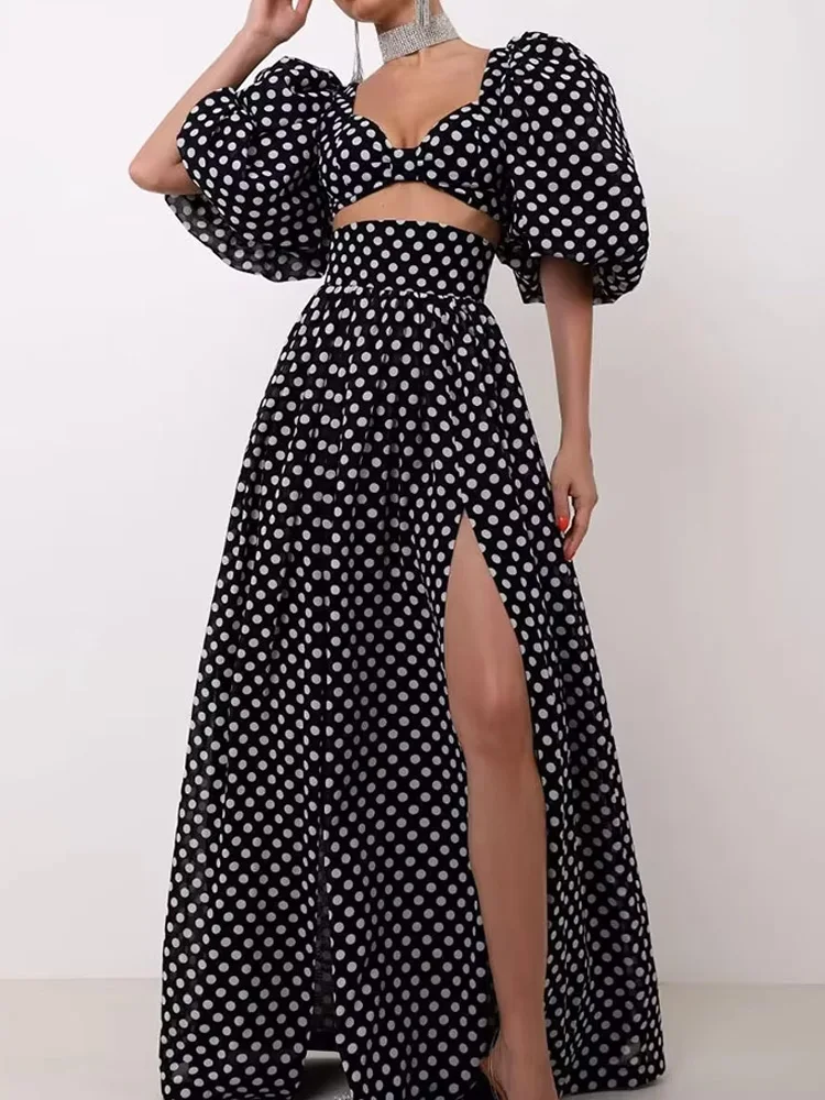 

HH Элегантный женский комплект из 2 предметов с юбкой 2024 Юбка с разрезом в горошек и высокой талией Короткие рукава Укороченные топы с квадратным вырезом