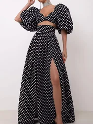 HH Elegant Female 2 Piece Skirt Set 2024 Polka Dots Printed High Waist Slit Skirt Short Sleeves Square Neck Cropped Tops