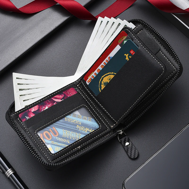 1PC2023 European and American New Men\'s Wallet Short Carbon Fiber Horizontal 30% Fold Youth Casual Leather Clip Multi functional