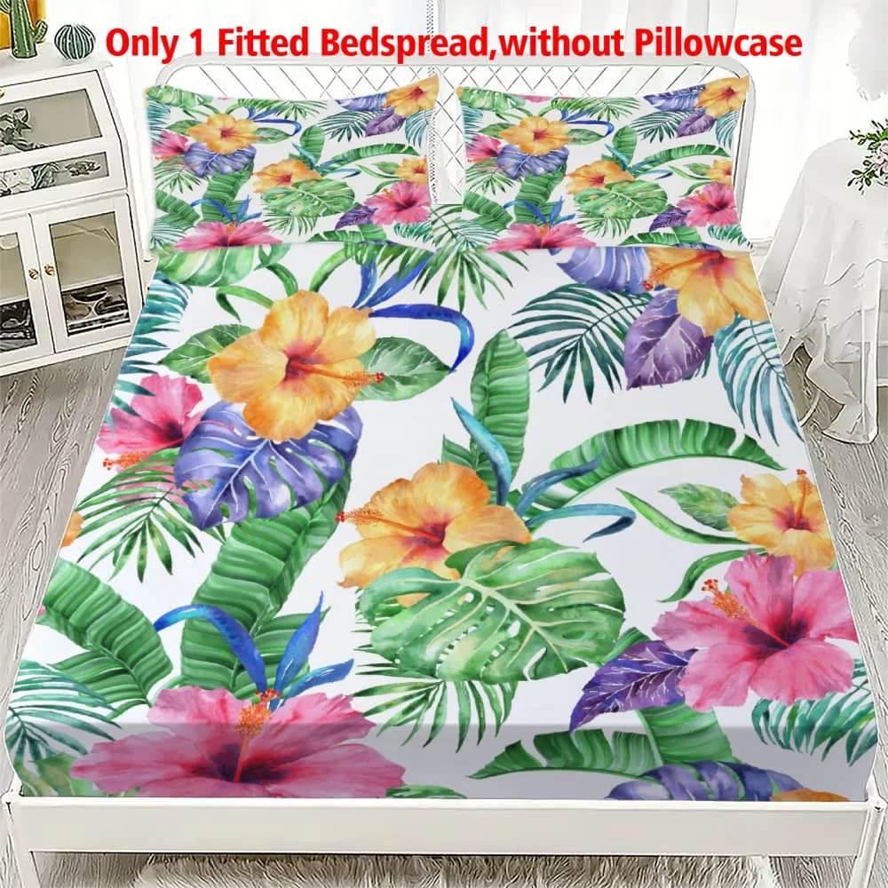 1pc Watercolor Tropical Hibiscus Print Fitted Sheet Deep Pocket Elastic Mattress Cover Single Double Queen King Bedroom Decor