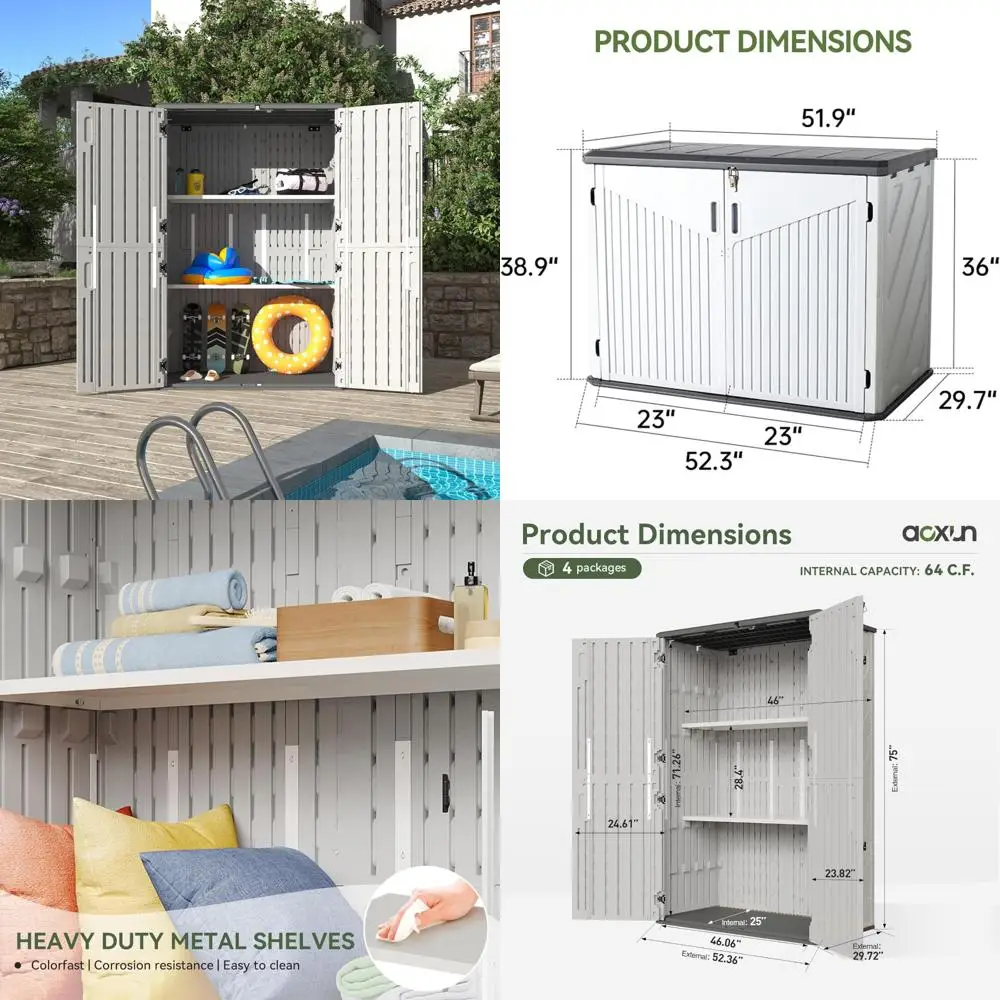 

Наружный навес для хранения вещей 64 кубических фута с наполом и полками, водонепроницаемый полимерный шкаф для решения для хранения в гараже и бассейне