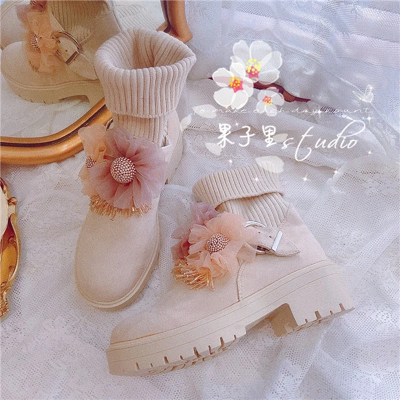 

New In Autumn Winter Elastic Knitted Women Platform Ankle Boots Female Crystal Flower Tassel Short Chunky Booties Winter Shoes