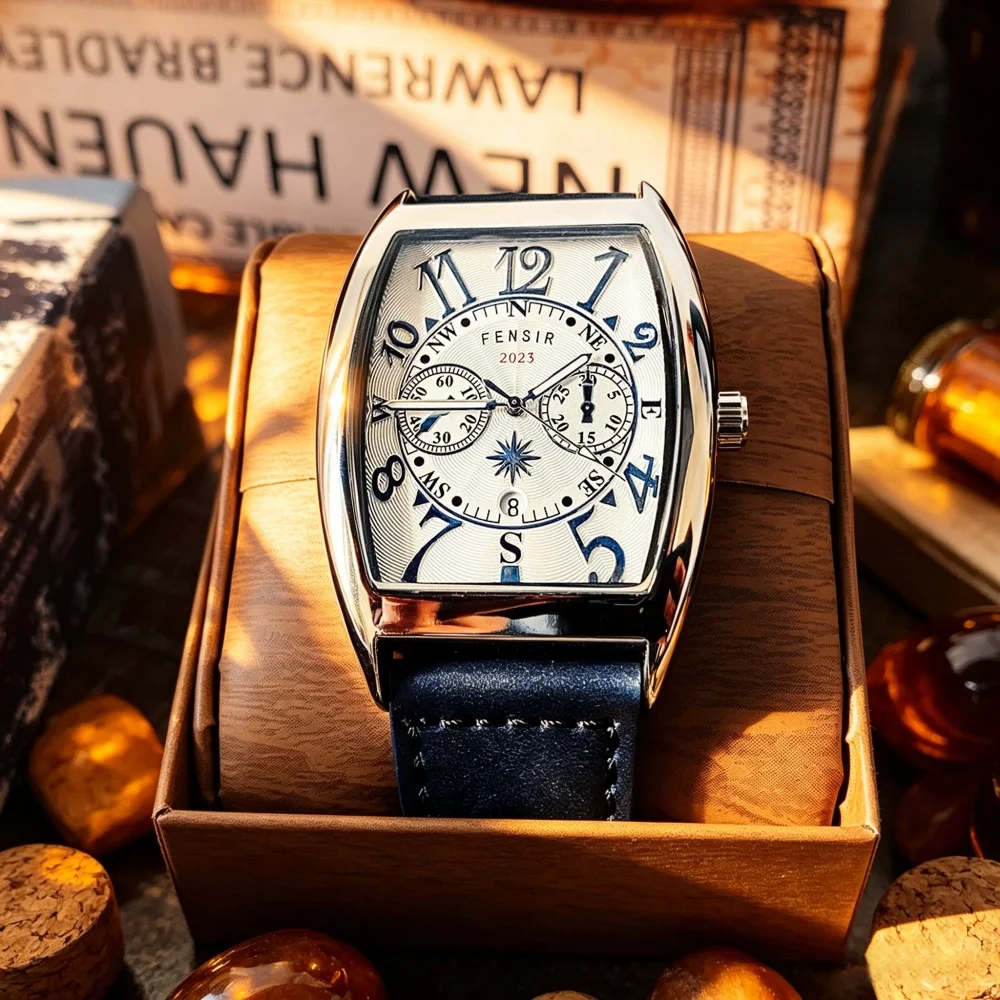 Punk Style Men's Quartz Watch with Leather Strap, Luminous, Waterproof, Barrel-Shaped, Trendy Business Men's Watch, Student Gift, Versatile Casual Wristwatch