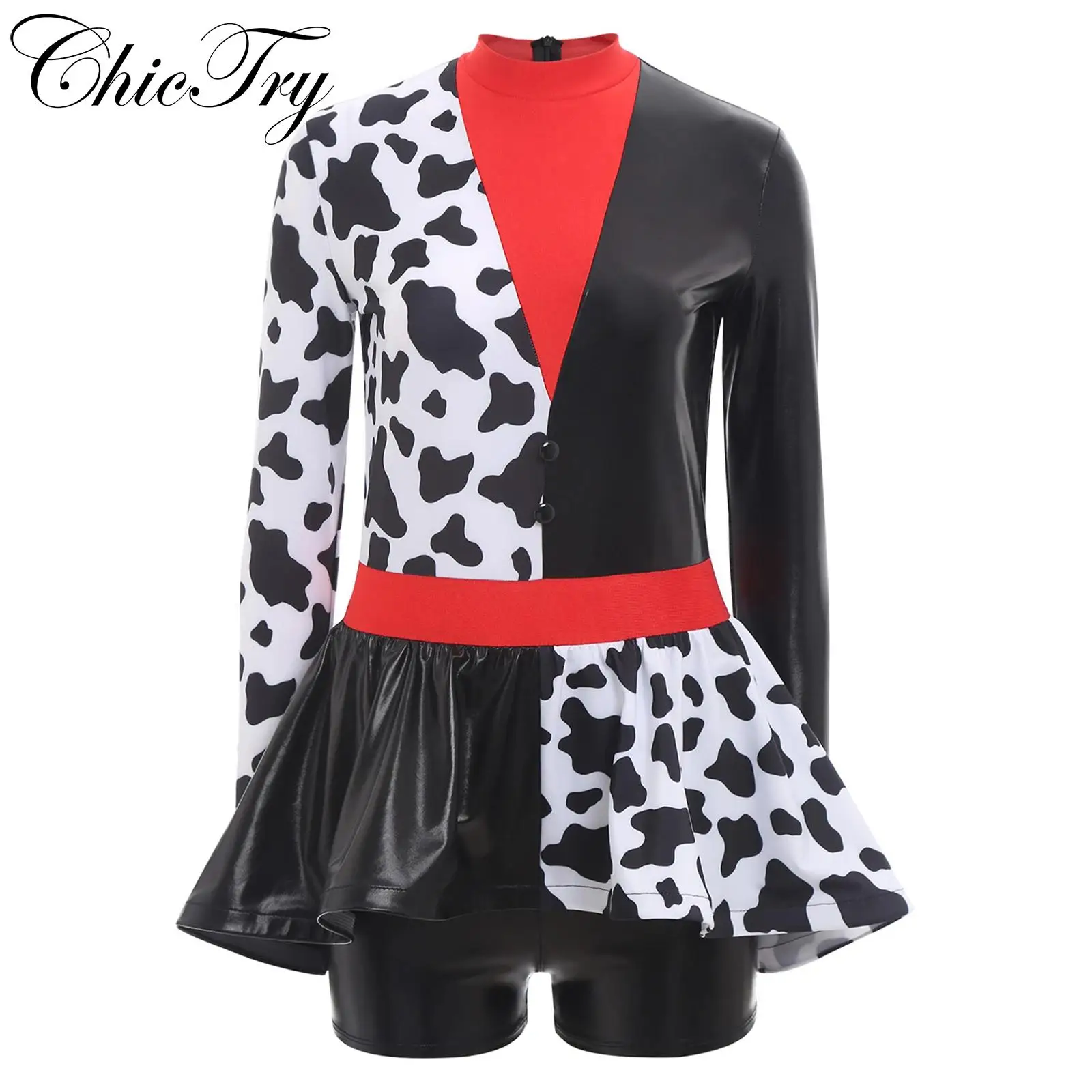 

Womens Clown Costume Devil Killer Cowboy Cosplay Party Dress Long Sleeves Metallic Shiny and Spotty Halloween Carnival Dress Up